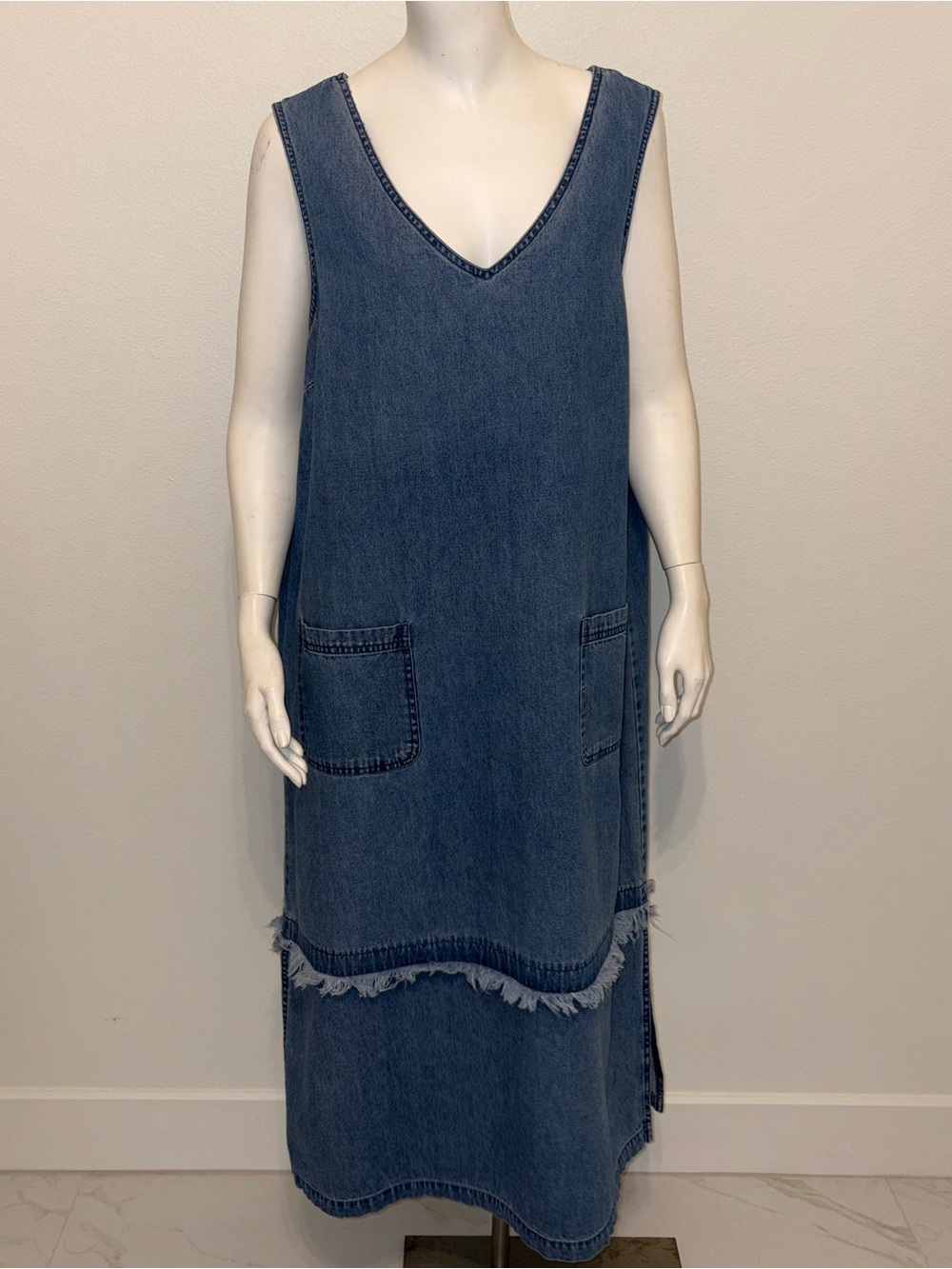 ORIGINAL TY WEAR vintage SZ 16W Denim maxi dress with pockets and fringe